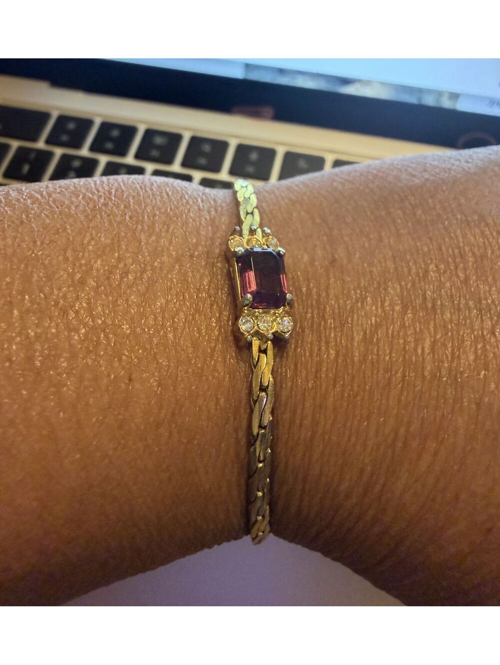 BRACELET Gold-Tone Bracelet with Purple Gemstone and Clear Rhinestones 7"